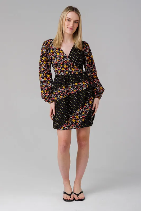Long Sleeve Floral Printed Wrap Mini Dress - Influence