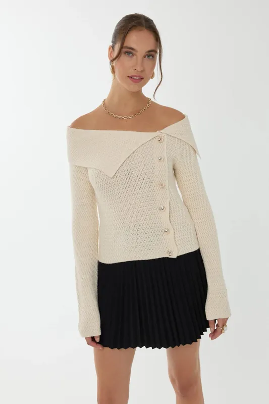 Off Shoulder Button Detail Sweater - Hiccup
