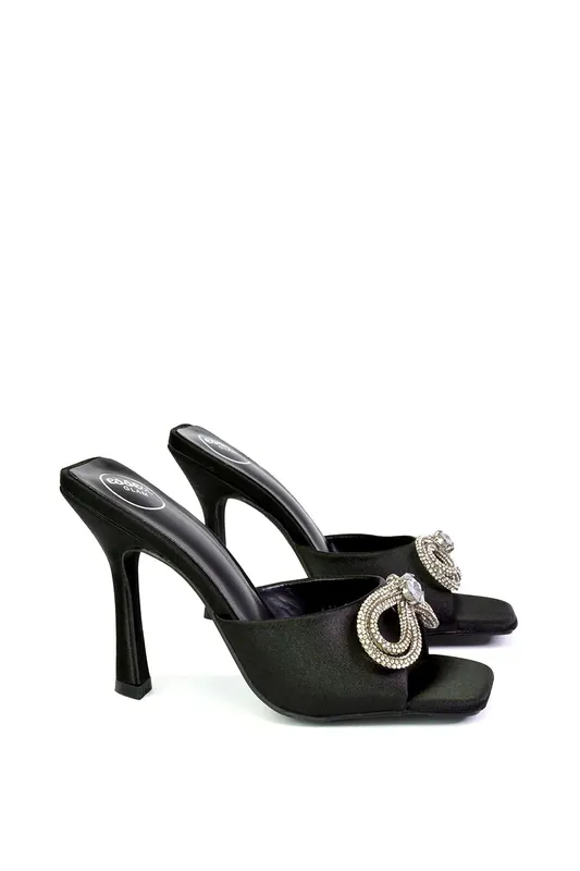 Elsa' Diamante Bow Square Toe Heeled Mule Sandals - XY London