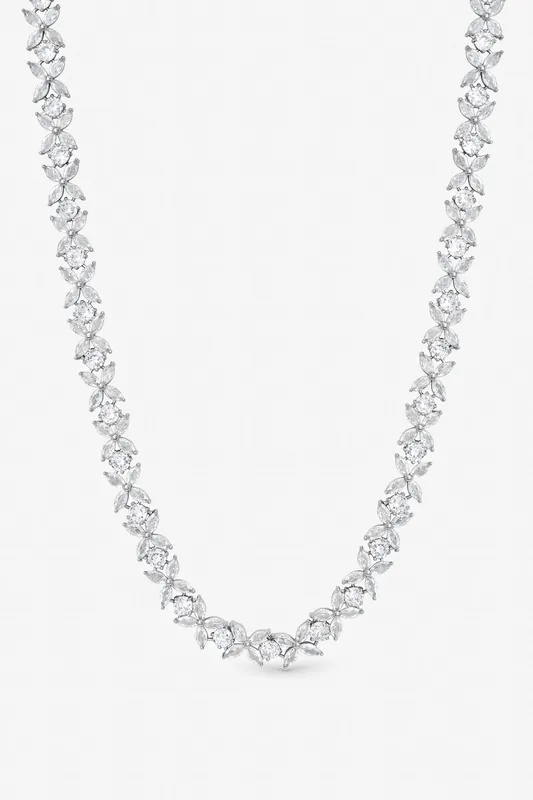 Rhodium Plated Cubic Zirconia Floral Necklace - Jon Richard
