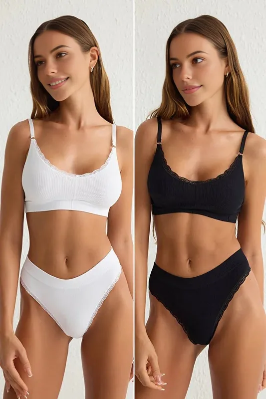 2 Pack Ribbed Lace Trim Knitted Lingerie - WOVCOR