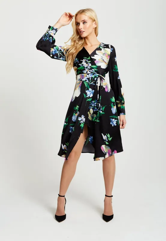 Elegant Floral Print Midi Wrap Dress In Black - Liquorish