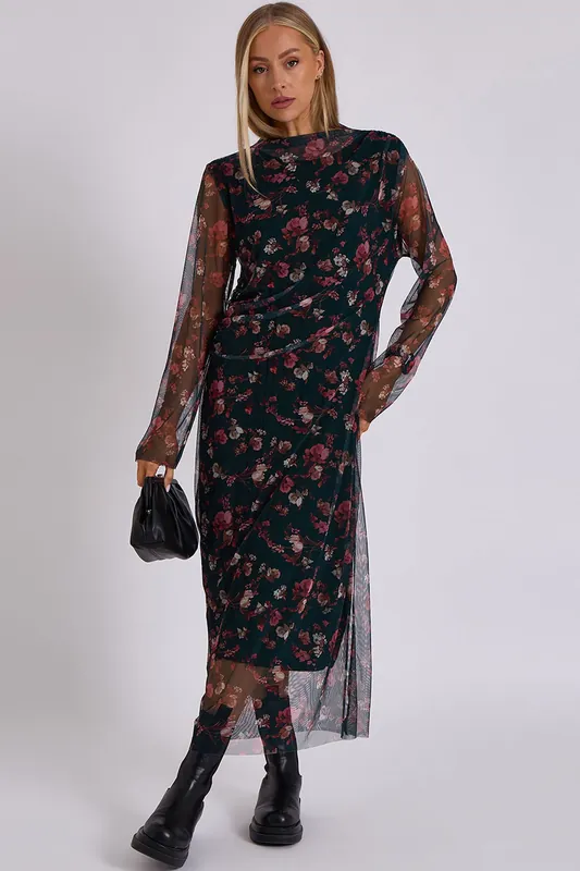 Green Print Mesh Midi Dress - Gini London