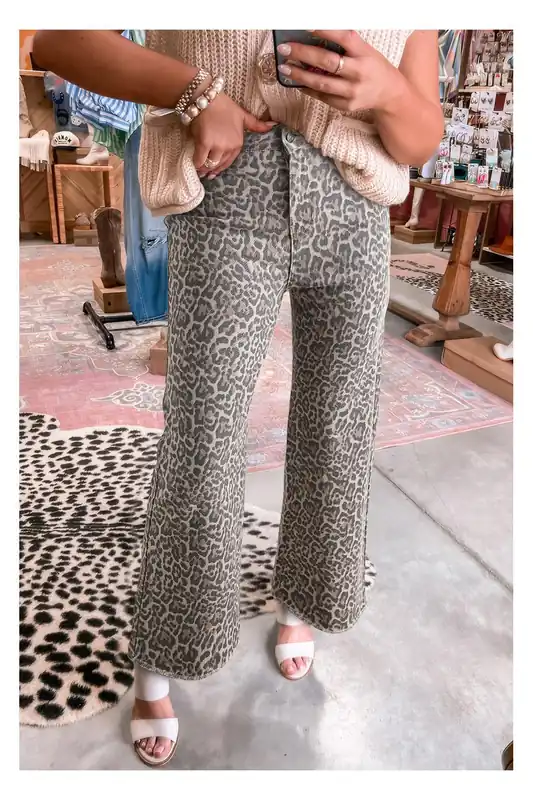 Brown Leopard Frayed Edge Wide Leg High Waist Jeans - Everyday The Label
