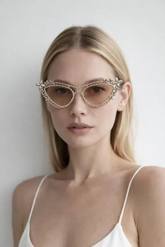 Diamante Cat Eye Sunglasses In Champagne - SVNX