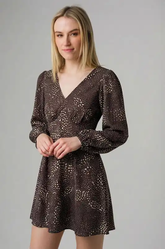 Long Sleeve V Neck Dot Mini Dress - Wednesday's Girl