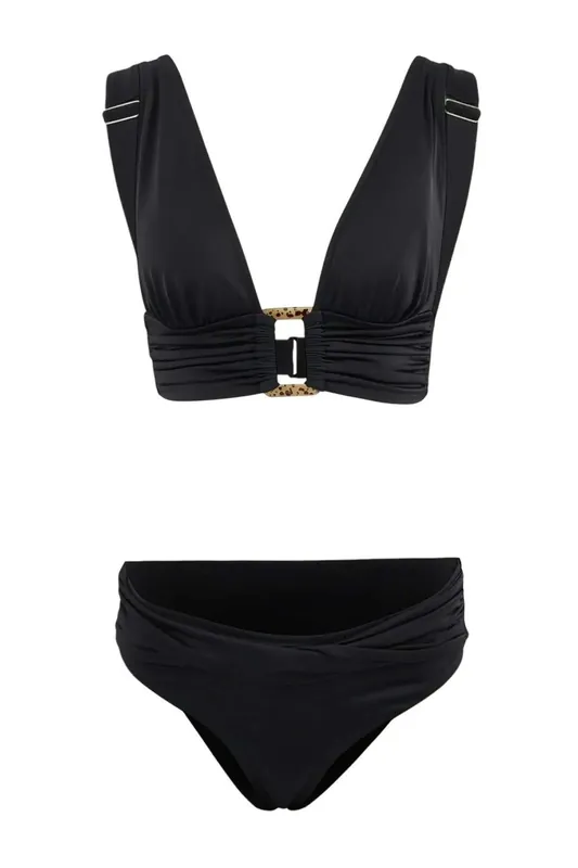 Triangle Bikini Set with Accessory Detail and High Waist Bottoms - WOVCOR