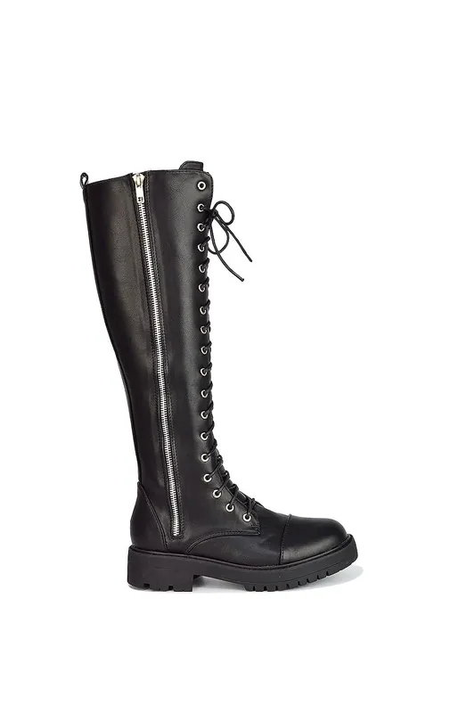 Ada' Chunky Lace Up Knee High Boots With Deco Zip - XY London