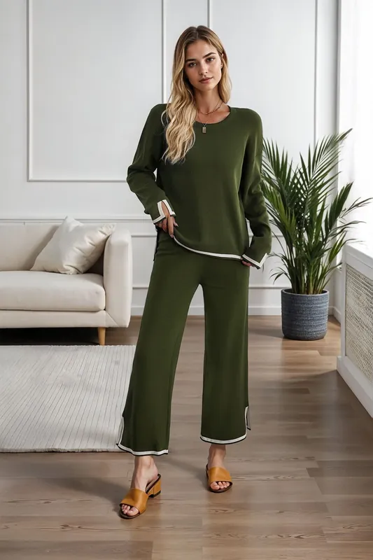 Long Sleeve Top and Wide Leg Pants Loungewear Set - MODISHION