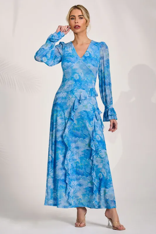 Long Sleeve Ruffle Mesh Maxi Dress - Jolie Moi