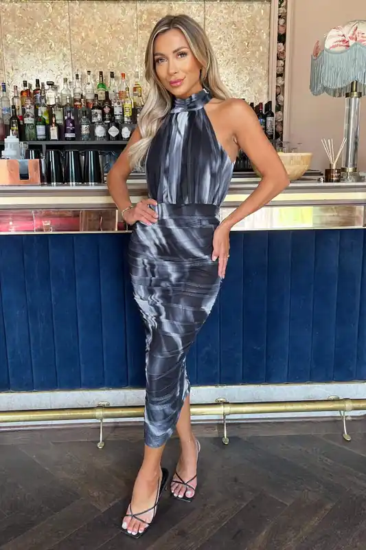 Black And White Marble Print Halter Neck Ruched Mesh Midi Dress - AX Paris