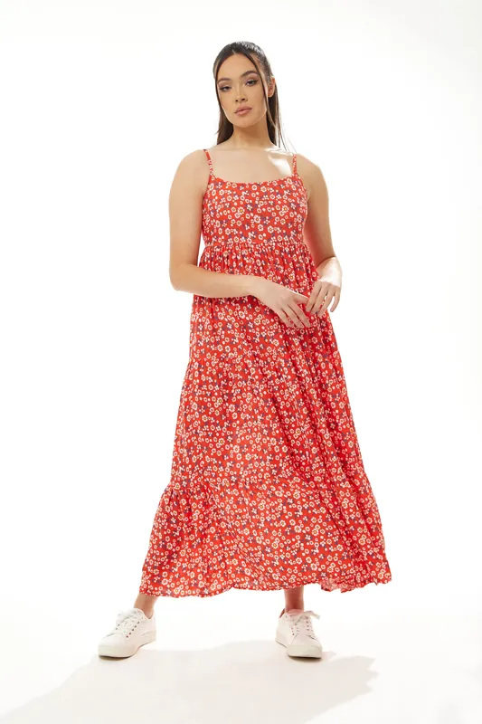 Red Floral Cami Smock Dress - Liquorish