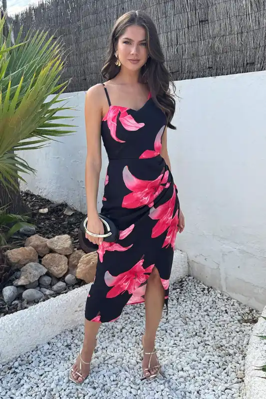 Black And Cerise Floral Print Strap Detail Cowl Midi Dress - AX Paris