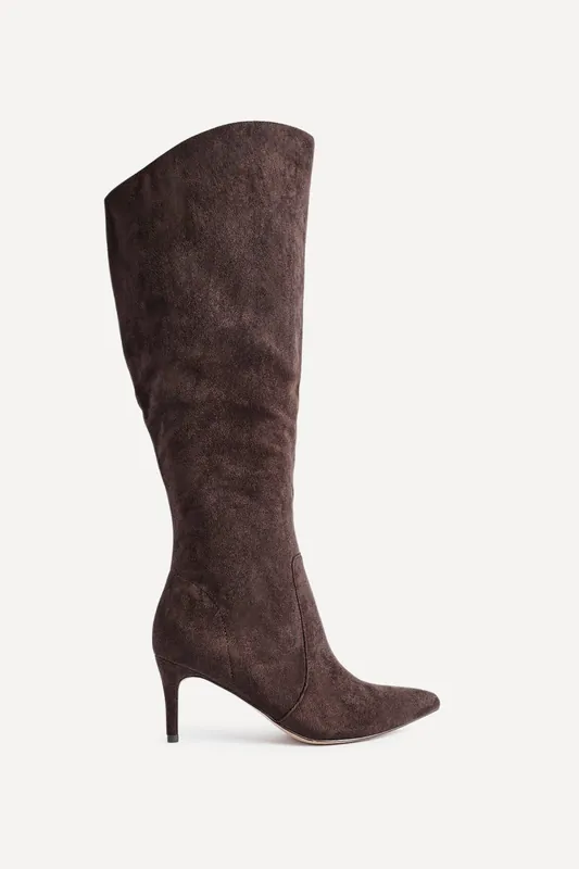 Ambition Brown Faux Suede Assymetric High Leg Stiletto Boot - Linzi