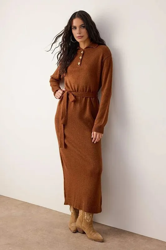 Polo Collar Belted Knit Midi Dress - WOVCOR