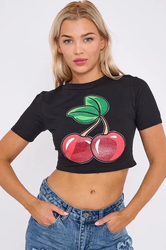 Glitter Detail Cherry Graphic Print - Crop Top