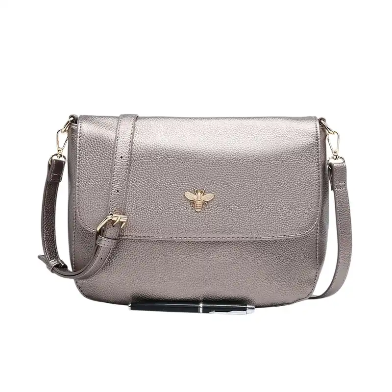 Bee Accent Flap Over Zip Closure Crossbody Bag With Detachable Strap - Kitise