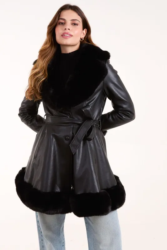 Fur Trimmed Belted Coat - Blue Vanilla