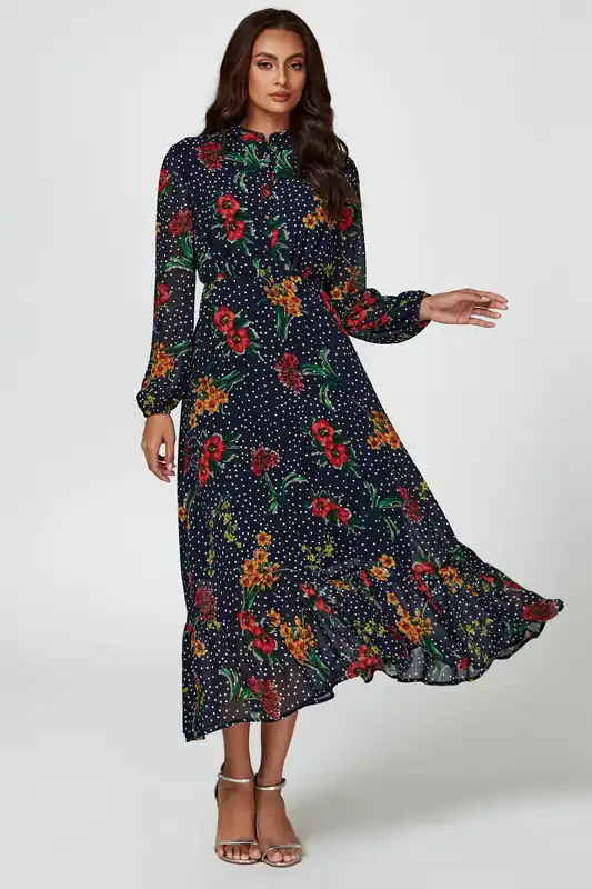 Floral Dot Print Maxi Dress In Black - FS Collection