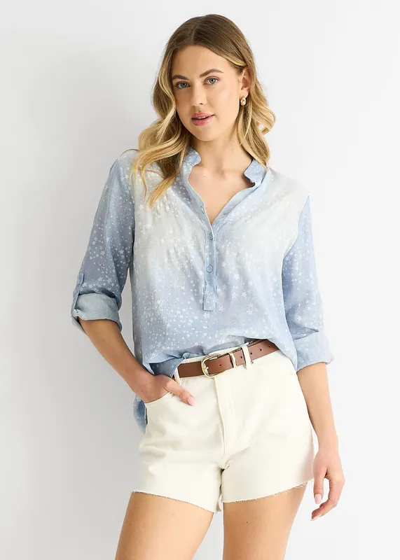 Blue Denim Look Roll Up Sleeves Oversized Top - Gini London