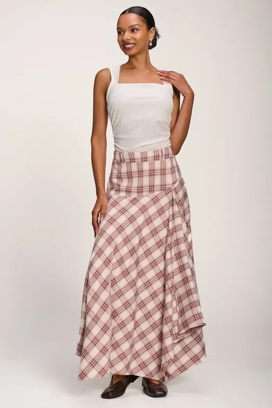 Asymmetric Check Maxi Skirt - Jolie Moi
