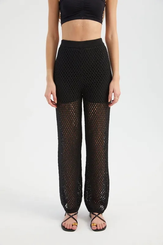 Openwork High Waist Elastic Waist Straight Leg Trousers - Hiccup