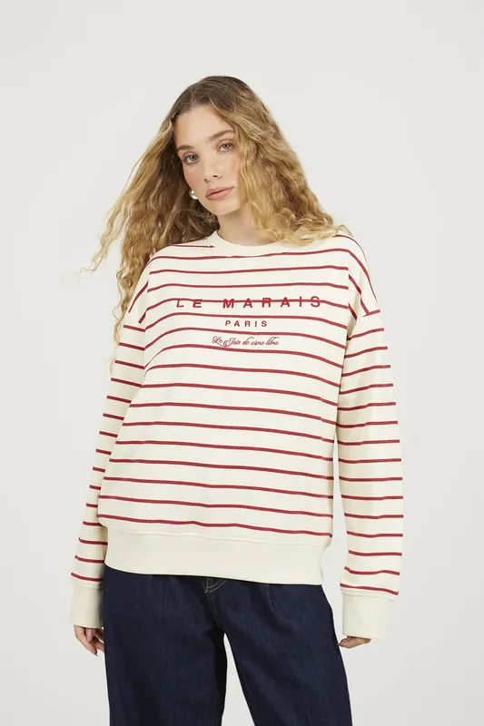 Stripe Embroidered Crew Neck Sweatshirt - Brave Soul