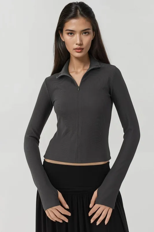 Fitted Long Sleeve Polo Active Top with Zipper - Hiccup
