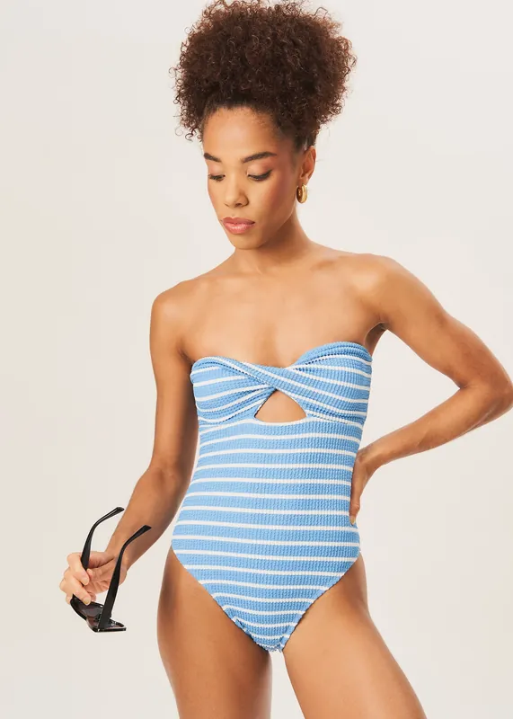 Blue Twist Front Textured Swimsuit - Gini London