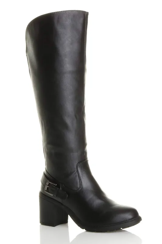 High Block Heel Chunky Biker Knee High Boots - AJVANI