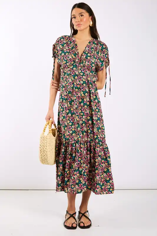 Multicoloured Floral Gathered Sleeve Midi Dress - Needs No Label