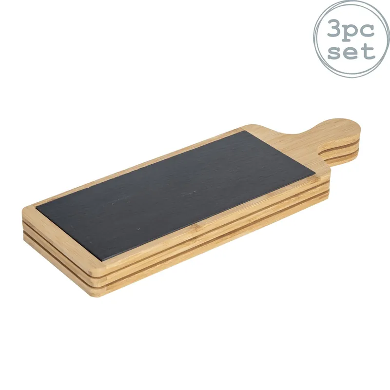 3x Bamboo Serving Paddles - 44.5 x 14.5cm - Slate Serving Platter Board
