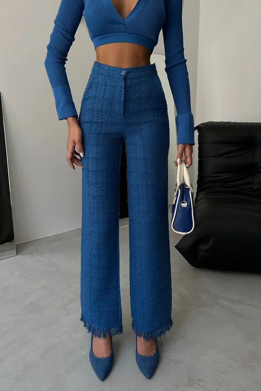 Tweed High Waist Straight Leg Trousers with a Tassel Hem - Hiccup