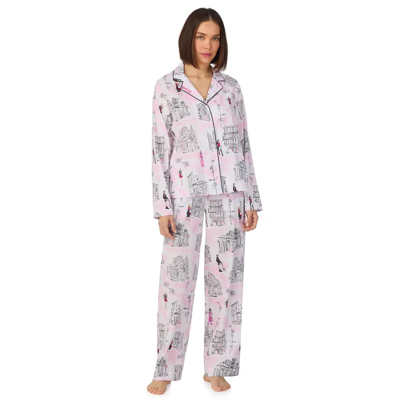 Long sleeve notch top and pant sleep set in white city print - DKNY