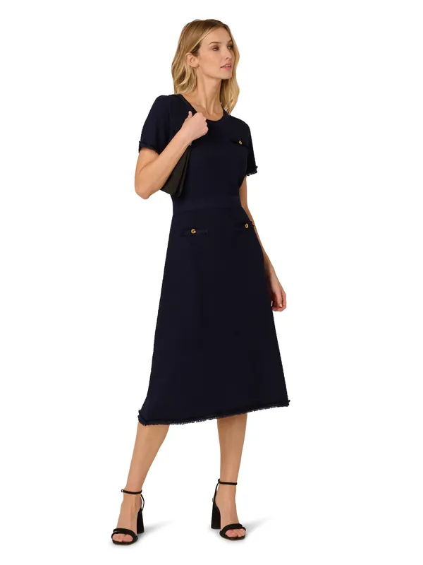 Waffle Textured Fit And Flare Midi Sweater With Mock Pockets - Adrianna Papell