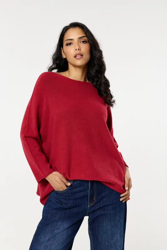 Burgundy Off Shoulder Relaxed Knit Jumper - Liquorish