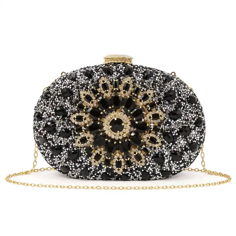 Floral Diamante Oval Evening Party Clutch Bag - Kitise