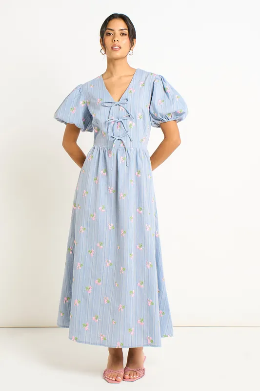 Blue Cotton Mix Tie Detail Puff Sleeves Midi Dress - Gini London