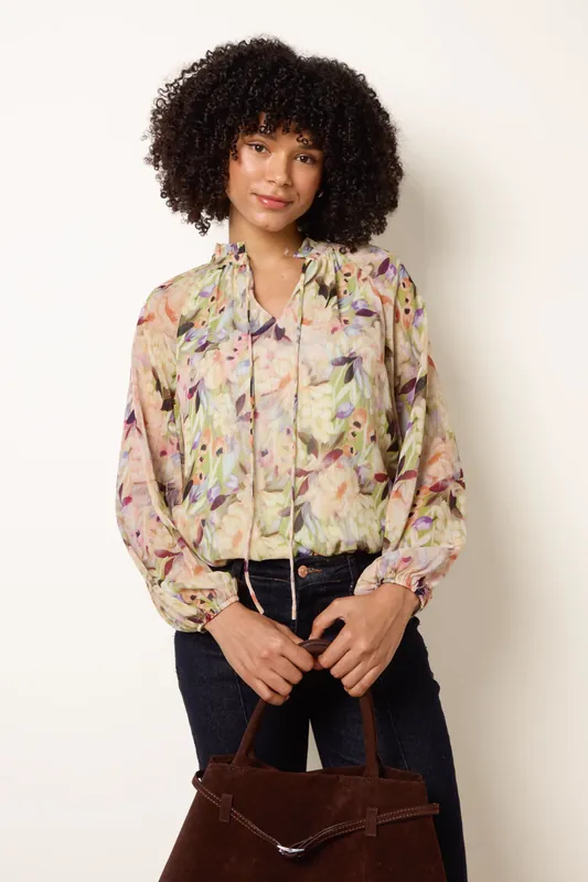 Watercolour Floral Printed Tie Front Blouse - Blue Vanilla