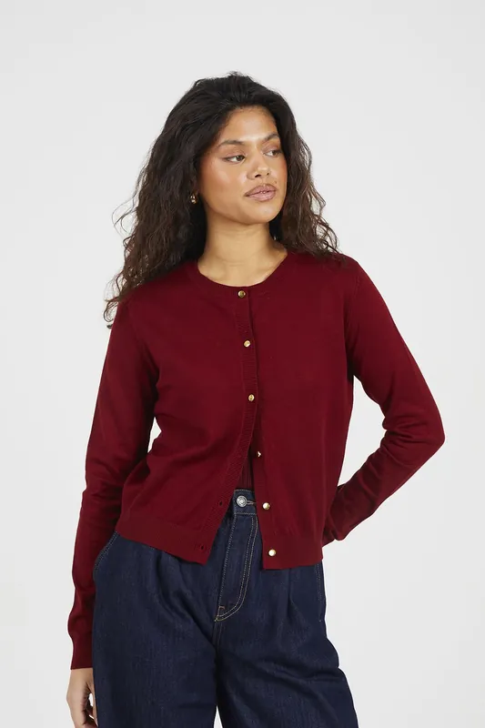 Crew Neck Cardigan With Metallic Buttons - Brave Soul