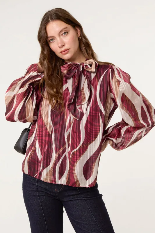 Wine Geometric Print Pussybow Metallic Top - Blue Vanilla