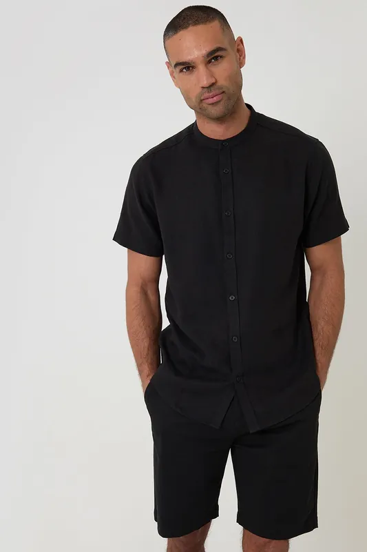 Grandad Collar Linen Blend Short Sleeve Shirt - Threadbare
