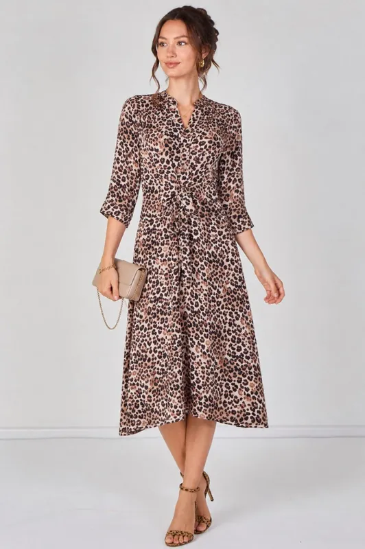 Beige Leopard Print Quarter Sleeve Tie Waist Midi Dress - Love Sunshine