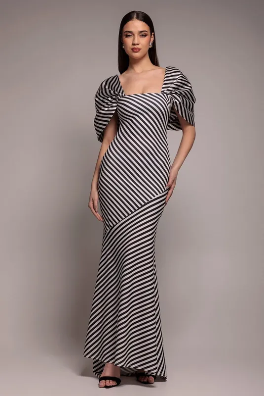 Stripe Off Shoulder Bow Back Satin Bow Maxi Dress - Goddiva