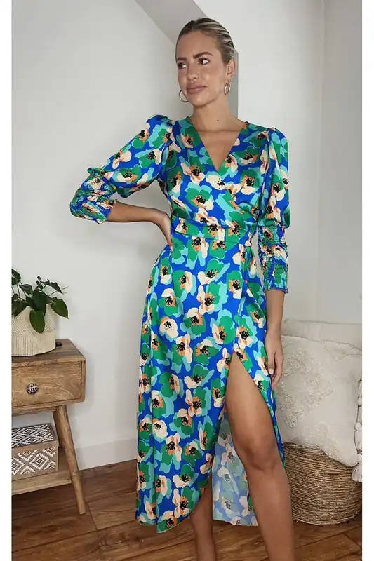 Haniya Wrap Front Printed Midi Dress - IKRUSH