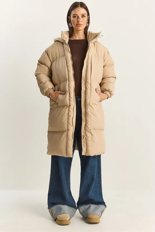Hooded Long Sleeve Puffer Jacket with Pockets - Bianco Lucci