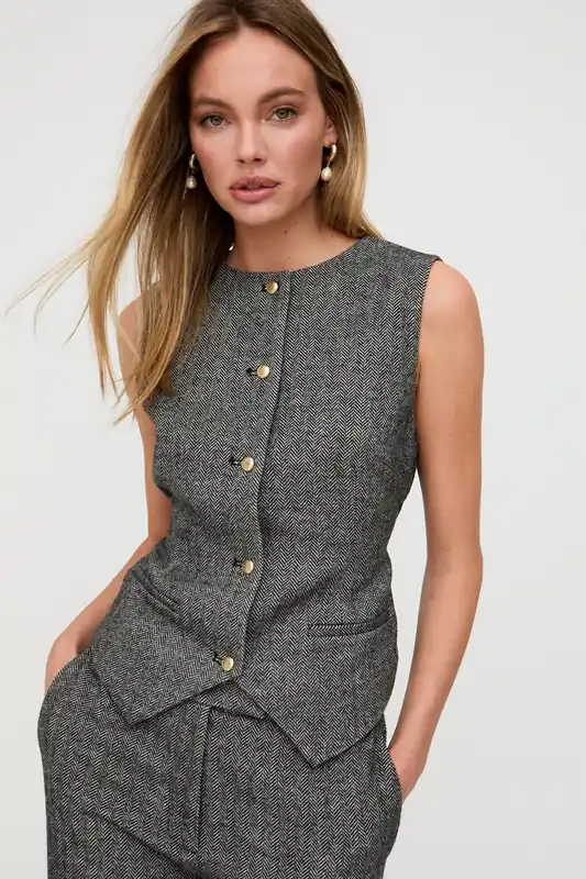 Pandora Tailored Herringbone Print Waistcoat In Grey - Lily and Lionel