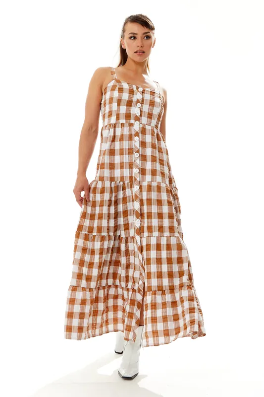 Gingham Print Maxi Dress In Brown and White - Liquorish