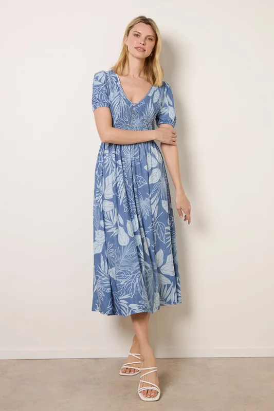 Blue Shirred Button V Neck Midi Dress - Blue Vanilla