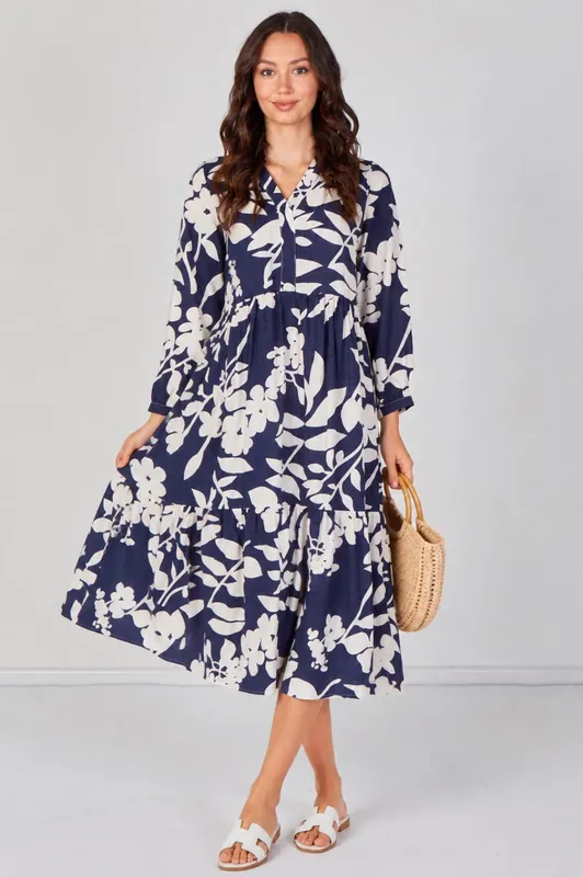 Navy Blossom Tiered Smock Midaxi Dress - Love Sunshine